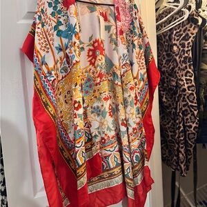 Colorful Floral Kimono with Red Accents